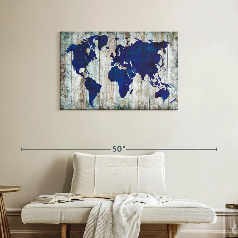 Carte du monde bleu Aliaz sur bois, H 24 po x l 36 po