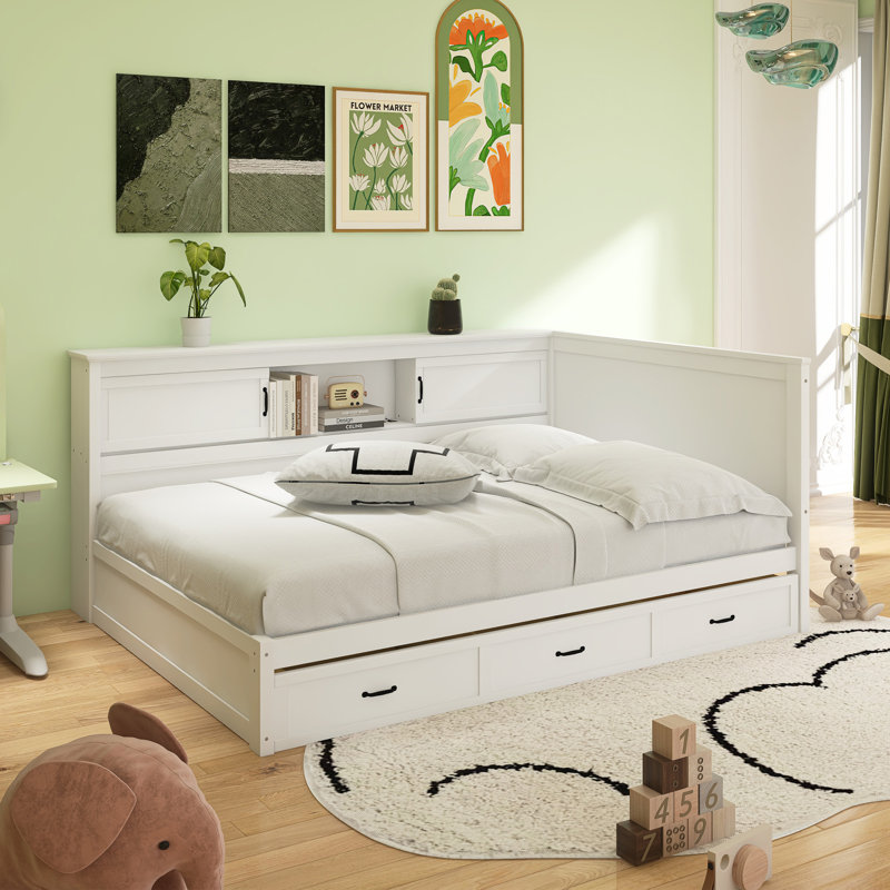 L-Shaped Bed Frame With Drawer And And Bookcase, Full