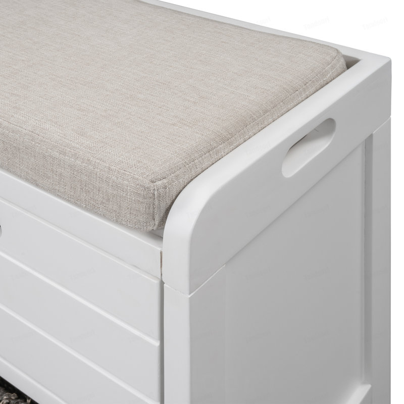 Banc de rangement avec panier amovible et 2 tiroirs, banc à chaussures entièrement assemblé avec coussin amovible, White