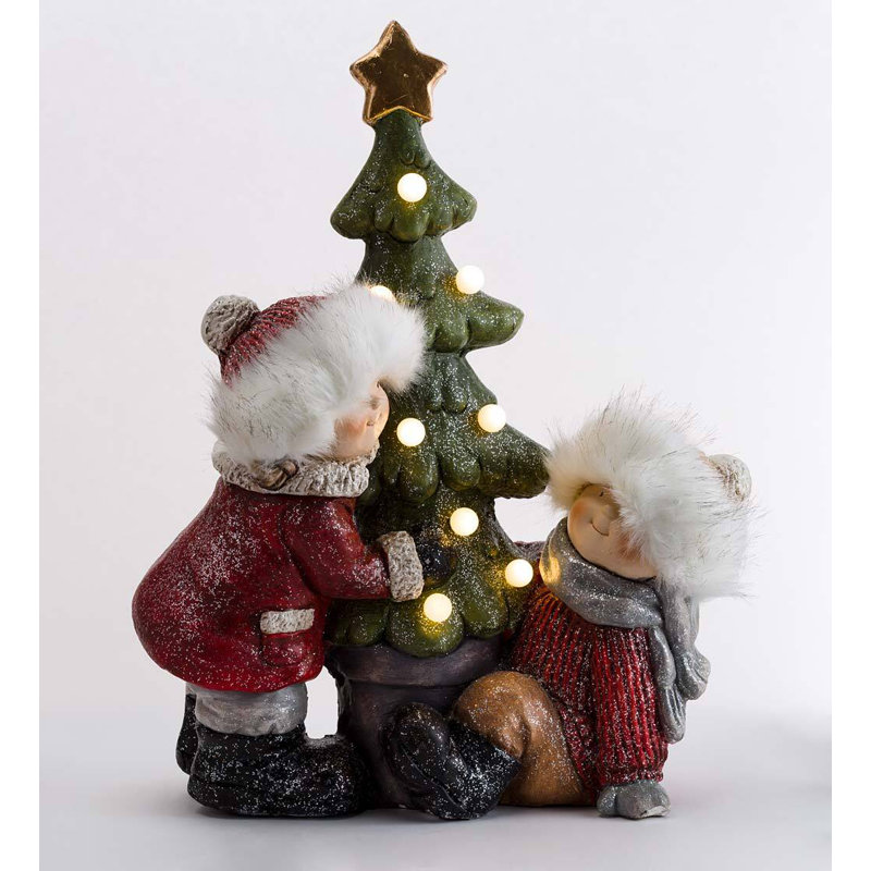 Children with Lighted Christmas Tree Statue