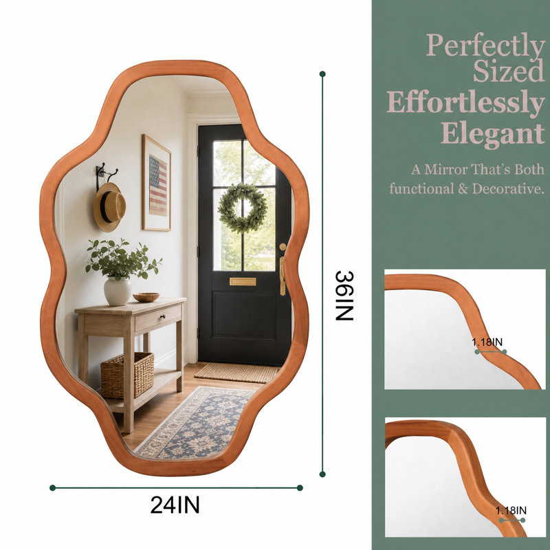 Miroir mural en forme de nuage 61 x 91 cm, couleur miel, cadre en bois massif, style ferme, bords festonnés irréguliers, idéal pour salle de bain, entrée ou salon.