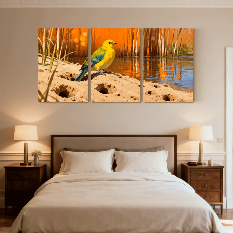 Oiseaux oiseaux jaunes sur un rivage sablonneux avec réflexion sur l'eau, ensemble de 3 impressions sur toile