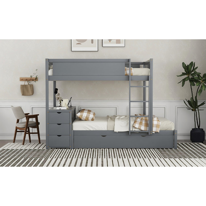 Lit superposé gris avec lit gigogne, bureau, prises de courant et rangement pour lit simple pratique - agencement confortable
