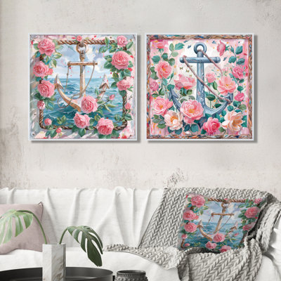 «Rose vert», ancre rétro roses, collage III - art mural côtier - art mural nautique sur toile, 2 pièces