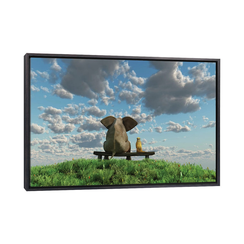 Éléphant et chien assis sur un pré - reproduction d'art, H 26 po x l 40 po x 1,5 po, Toile avec cadre noir patiné
