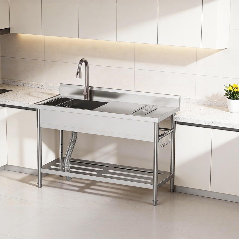 Évier de buanderie autoportant en acier inoxydable avec robinet rétractable pour la cuisine et le jardin