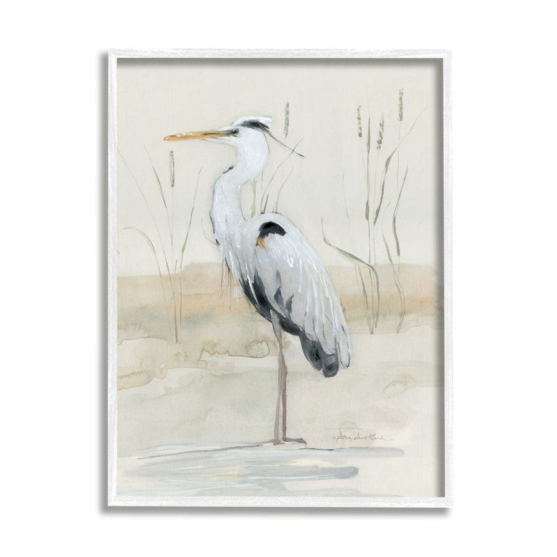 Au-393, jet d'encre, héron, berge, aquarelle, H 14 po x l 11 po x P 1,5 po, Giclée encadrée blanc bord de mer