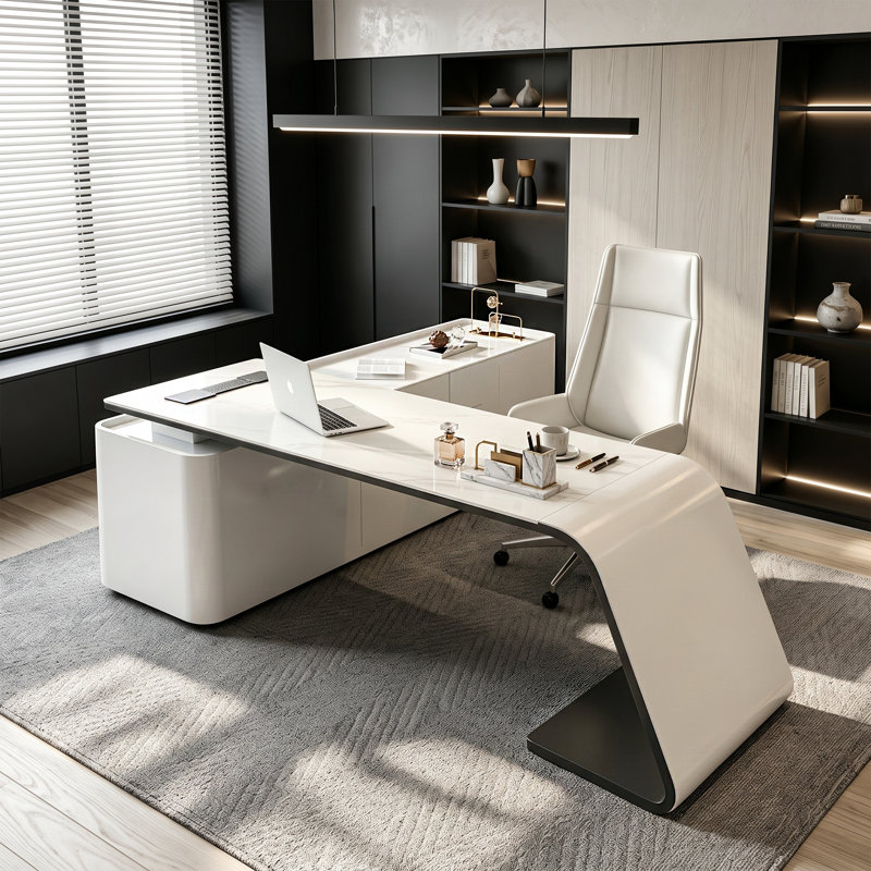 Bureau de direction moderne incurvé de 200 cm (78,74 po) avec caisson de rangement latéral amovible, plateau en faux marbre blanc avec prise électrique intégrée, bureau minimaliste entièrement blanc avec tiroirs et portes pour bureau à domicile