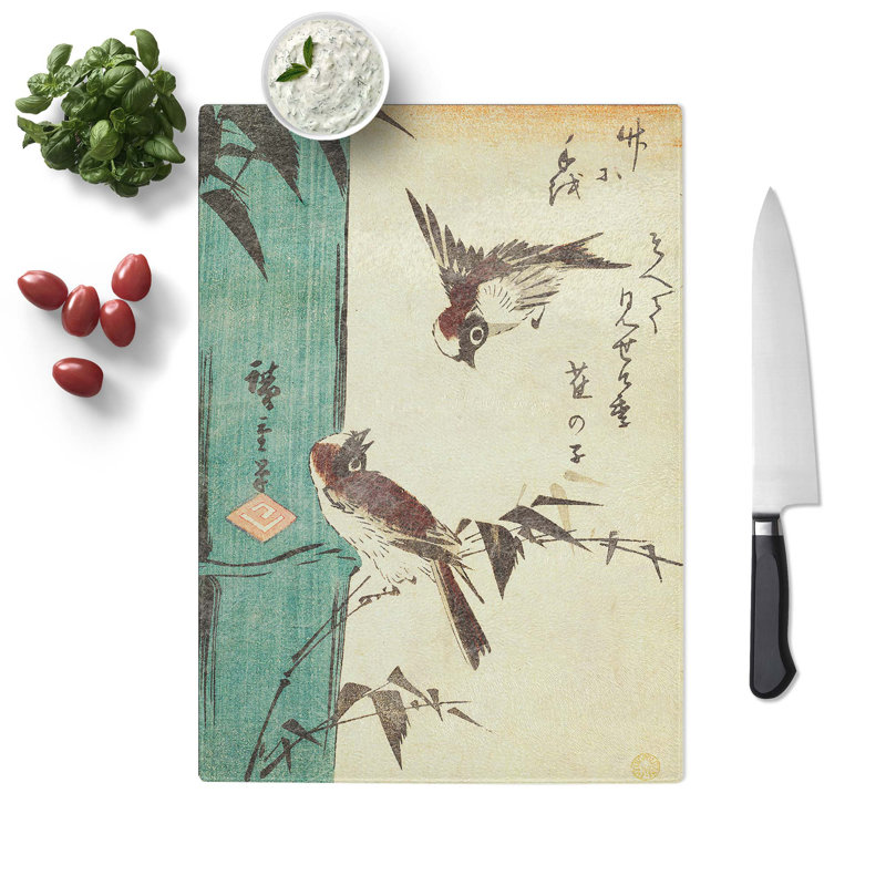Tempered Glass Bamboo and Sparrows Chopping Board, 28.5 cm W x 39 cm L