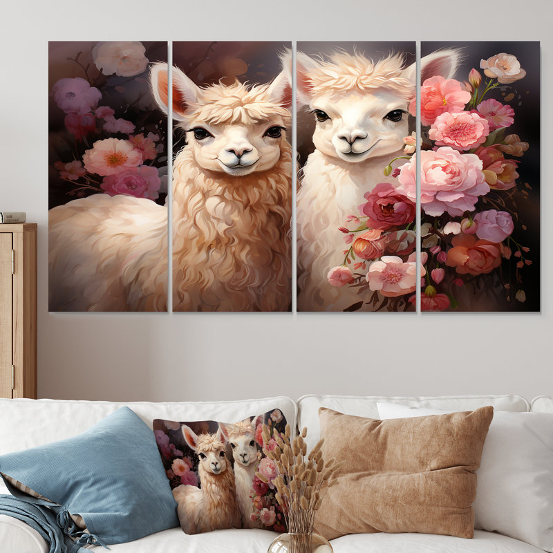 «Fluffy Alpacas Floral Portrait - Alpaca», art mural 4 pièces, H 32 po x l 64 po