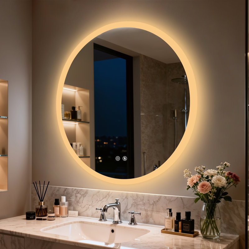 Round Lighted Wall Mounted Bathroom Mirror, 70 cm H x 70 cm W