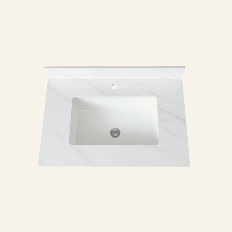 Comptoir de meuble-lavabo en marbre 31 po, comptoir blanc avec trous de robinet pré-percés, comptoir de salle de bain avec lavabo central rectangulaire encastré et dosseret de 4 po de hauteur, Bianco Carrara Venato