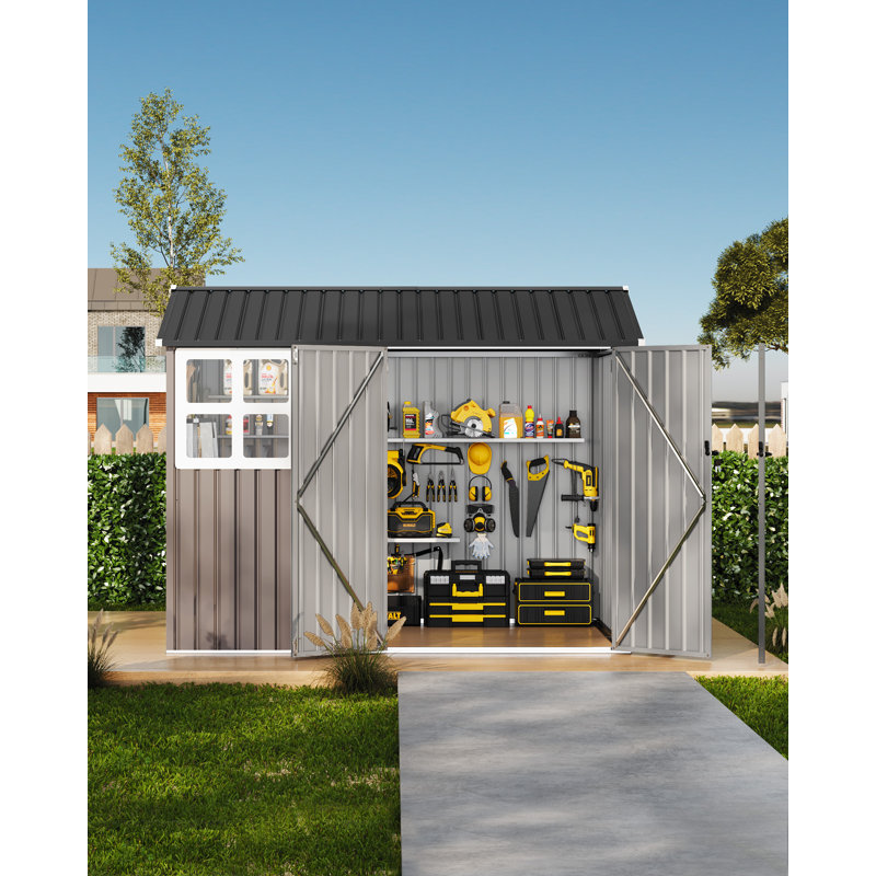 8x6 FT Metal Storage Shed w/ Window & Solar LED Light, Waterproof Garden Tool House, Lockable Door, Vented Roof for Backyard Patio