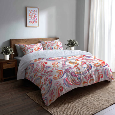 Modern Duvet Cover Set Of 3 - Scandinavian Orange Pink Paisley Dreams Bedding And Throw Pillow Set