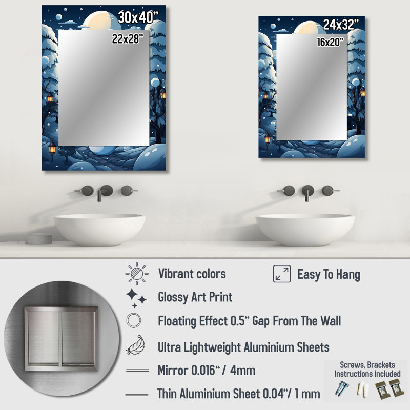 Bleu et blanc Frosty bonhomme de neige paysage II - miroir mural paysage d'hiver, miroir décoratif traditionnel, impression d'art en métal