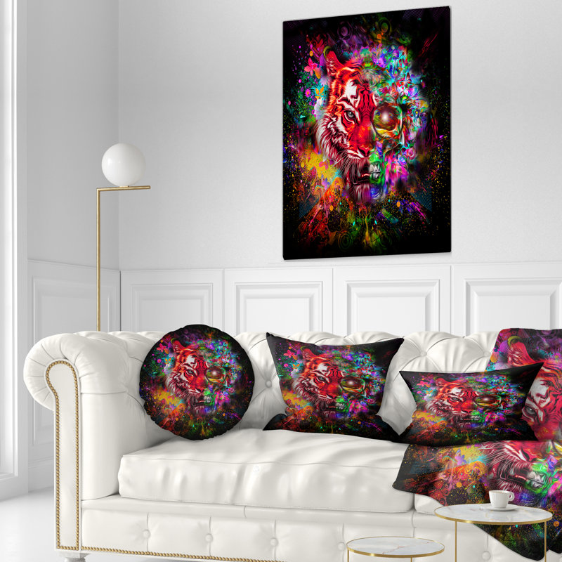  Coussin lombaire abstrait avec tête de tigre et demi-crâne abstrait