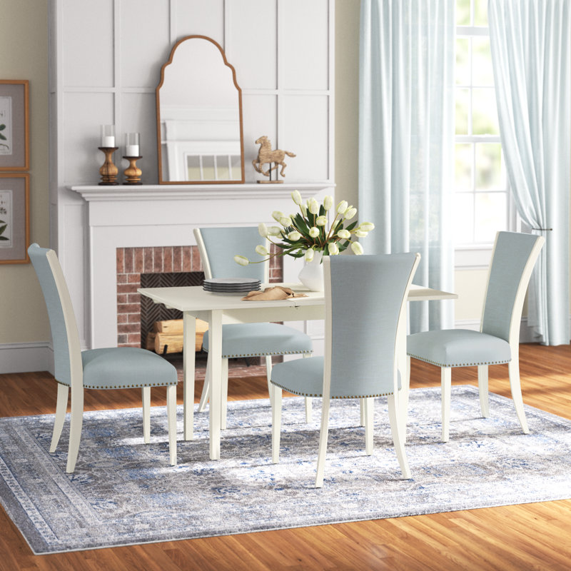 5 Piece Dining Table Set Includes a Rectangle Dining Room Table with Butterfly Leaf and 4 Baby Blue Linen Fabric Parsons Chairs, Linen White