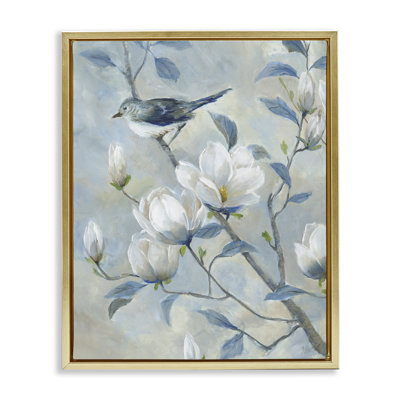 Oiseau bleu dans un cadre flottant arbre magnolia, design par Nan