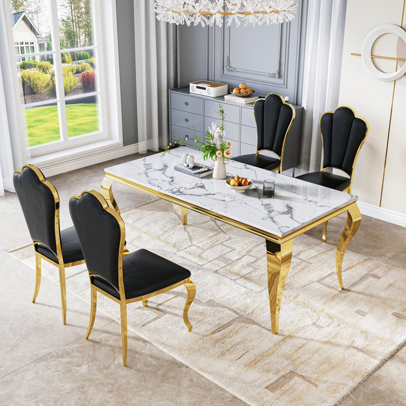 Modern 70" Marble Dining Table Set, Elegant White Faux Marble Top And Stainless Steel Legs, High-Back Petal Design Pu Leather Chairs