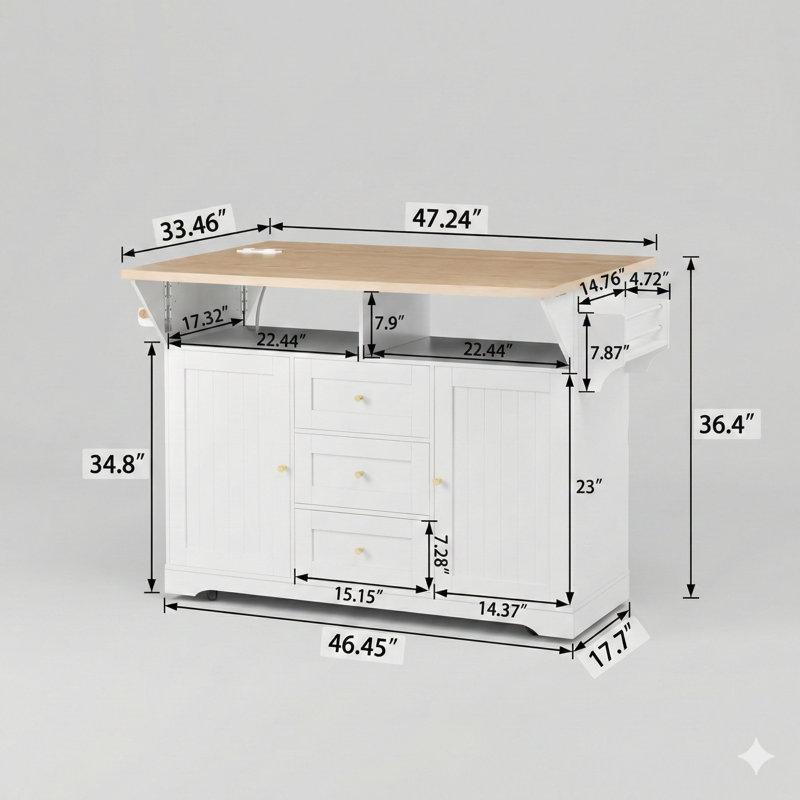 Large Kitchen Island with Two Drop-Leaf Extensions, 5-Wheel Rolling Cart, Built-In Power Outlet, Folding Storage Dining Table with Spice Rack and Towel Holder, 3 Drawers – Suitable for Kitchen and Dining Room, White Finish