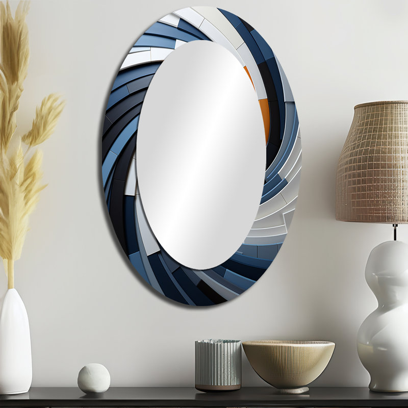 Geometric Spiral II - Blue Modern Oval Wall Mirror, 36" x 24"