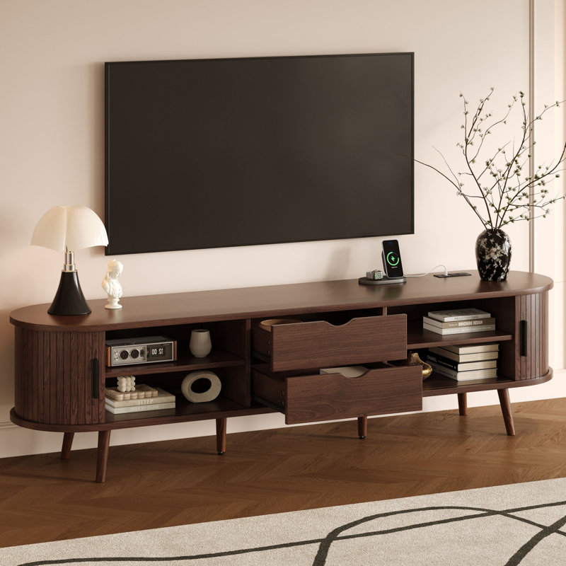 TV Stand with Tambour Doors and Drawers, TV Consoles for 80 Inch TV, Dark Brown