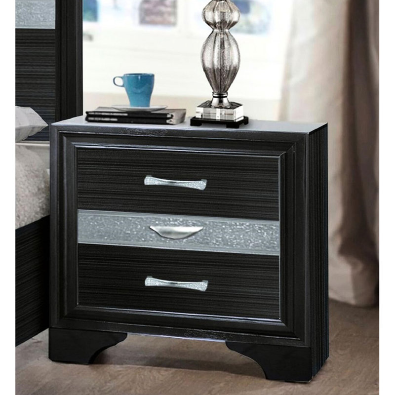 Table de chevet noire avec 2 tiroirs soignés et 1 poche à bijoux en feutre 3 sections