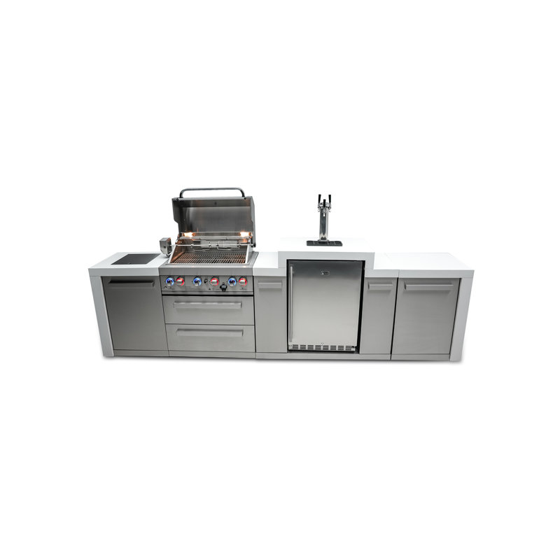 Mont Alpi 130"w Stainless Steel Deluxe Modular Outdoor Kitchen Island With 3 Tap Kegerator Refrigerator Beer Dispenser + 32"w 4-burner Bbq Grill + Side Burner + Granite Countertops + Storage Cabinets + Cover + Natural Gas Convertible + Lifetime Warranty