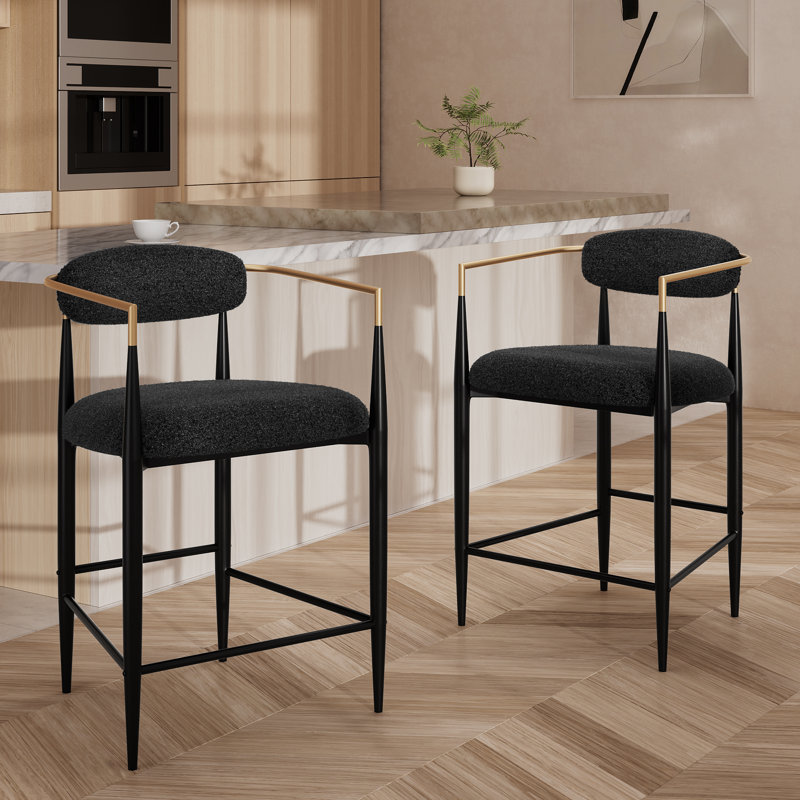 Upholstered Counter Stool, Modern Sleek Bar Stool Set of 2, Black Boucle
