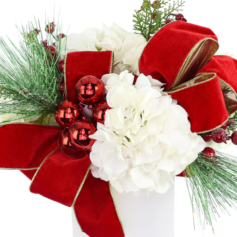 Hydrangea Holiday Arrangement with Velvet Bows