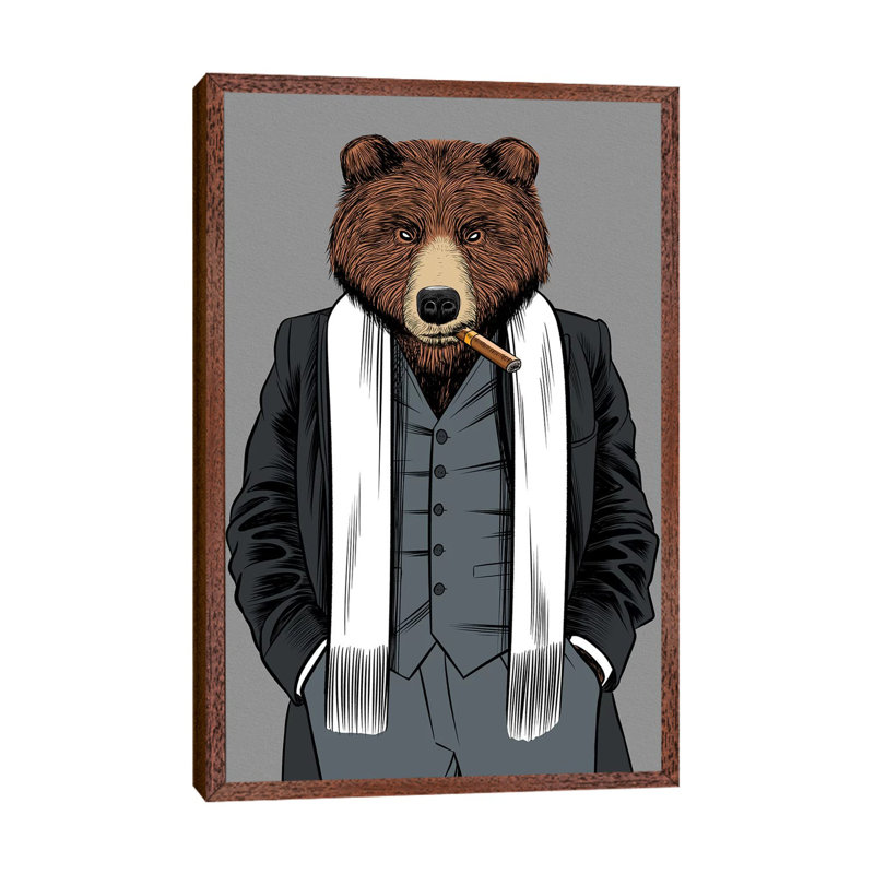 Gangster Grizzly by Alberto Perez - Print on Canvas, 101.6cm H x 66.04cm W x 3.81cm D, Classic Brown Wood Framed