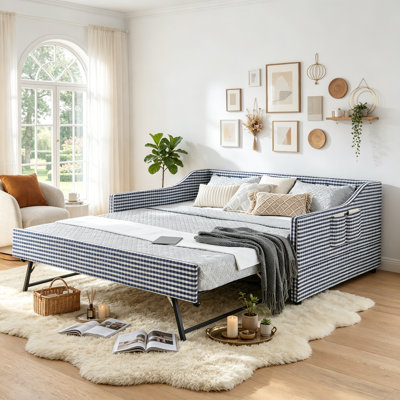 Upholstered Daybed with Trundle and Side Storage Pocket for Kids Guest Room, Convertible Sofa Bed & Gingham Day Bed for Small Family Dwellers, Full Size, Dark Blue