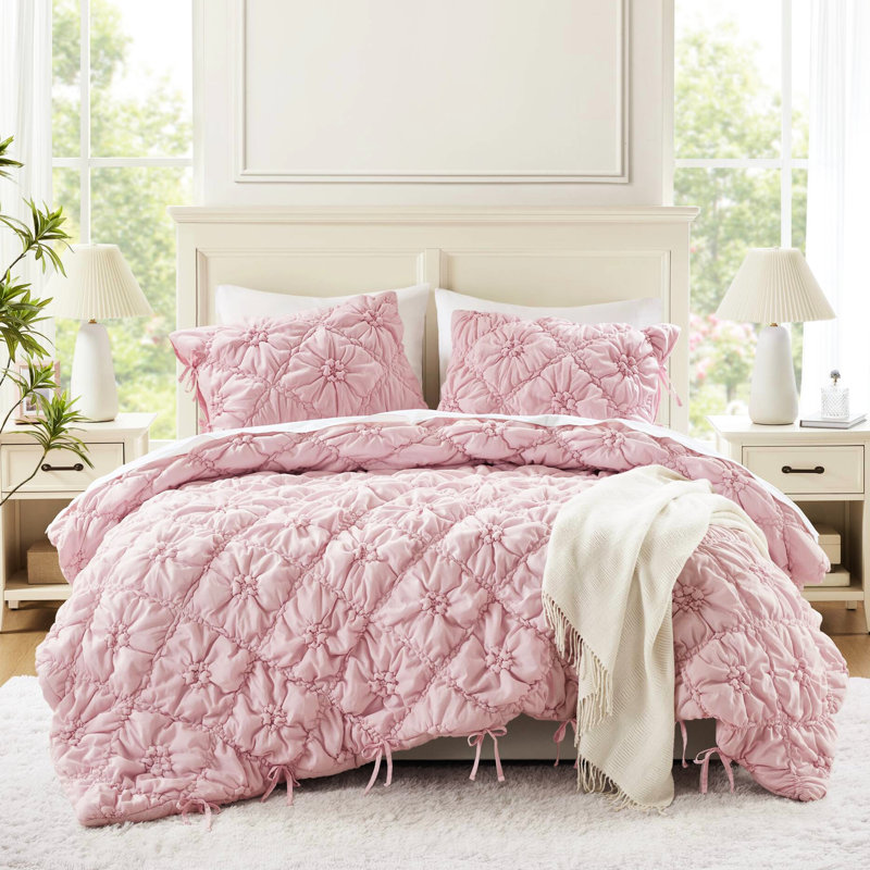 3 pièces d'édredon très grand, floral texturé avec froncement élastique, douceur en nuage de microfibre brossée, chaleur toutes saisons, rembourrage facile à entretenir et microfibre douce pour plus de confort