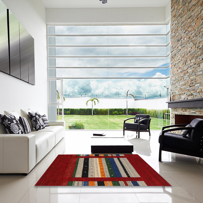 Tapis de zone rouge/orange/vert contemporaine, Carré 6 pi x 6 pi