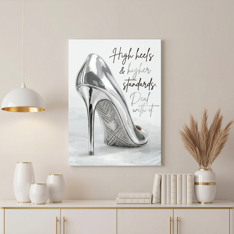 «Silver High Heel Shoe» avec motif d'étoiles sur toile tendue, reproduction de peinture à l'huile pour chambre ou salon
