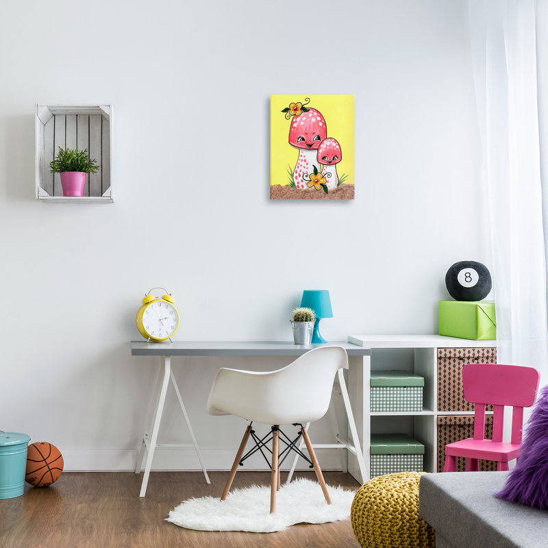"Happy Mushroom & Flowers", art mural sur toile par Michelle Gilsey, H 20 po x l 16 po