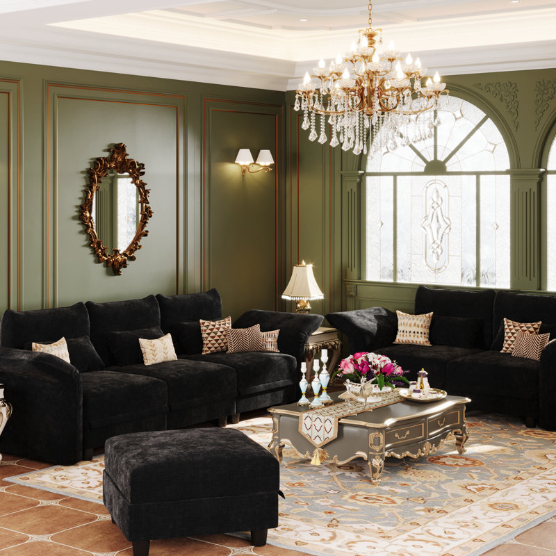 Ahren Upholstered Reclining Curved Sectional, Black Chenille