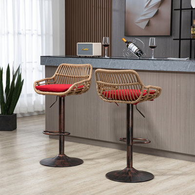 2 tabourets de bar pivotants rouges, hauteur de comptoir réglable avec repose-pieds pour la cuisine et la salle à manger, base en métal, capacité de poids de 250 lb, 2 tabourets de coussin de siège en lin, structure robuste, sièges rembourrés
