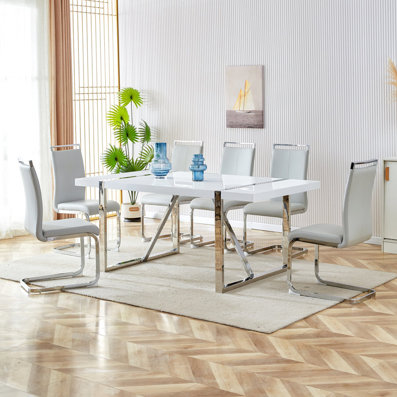 7-Piece Modern Glam Rectangular High-Gloss Wood Dining Set with Faux Leather Cantilever Chairs, Light Gray, 7