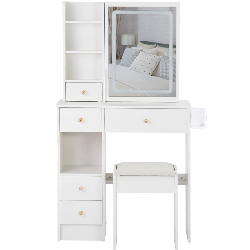 29.2" Left Drawer Vanity Table With Cushioned Stool, 2 Ac+2 Power Supply, Hair Dryer Bracket, Large Touch - Operated Sliding Led Mirror Three Color Lighting And Brightness Adjustment, Ideal For Small