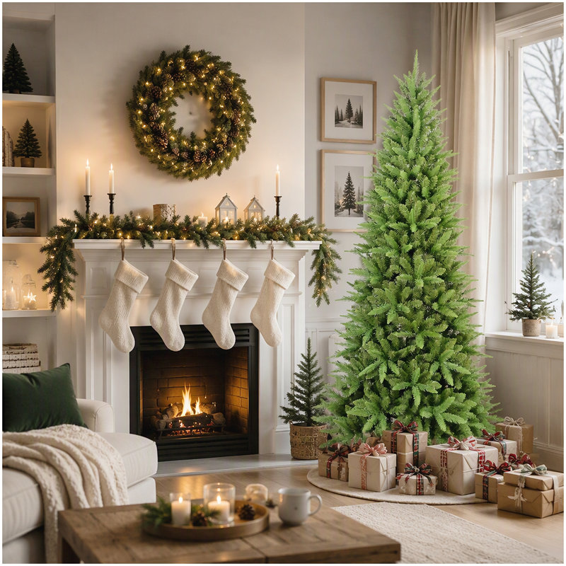 6FT Slim Christmas Tree – 850 Tips, PE+PVC Branches, Hinged Design for Easy Setup, Stable Metal Stand – Ideal for Corners & Small Spaces
