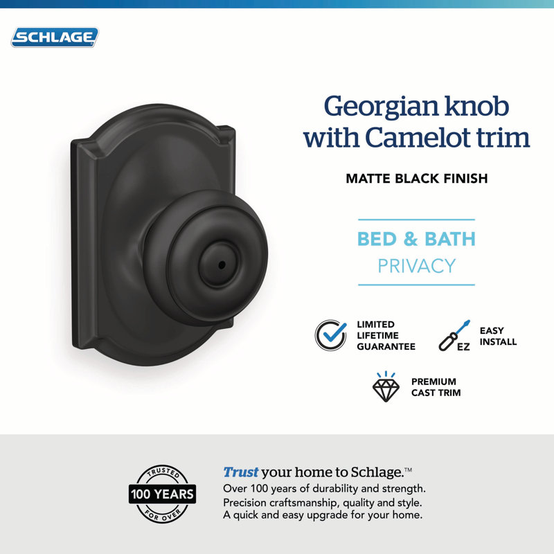 Georgian Privacy Knob with Camelot Trim, Matte Black