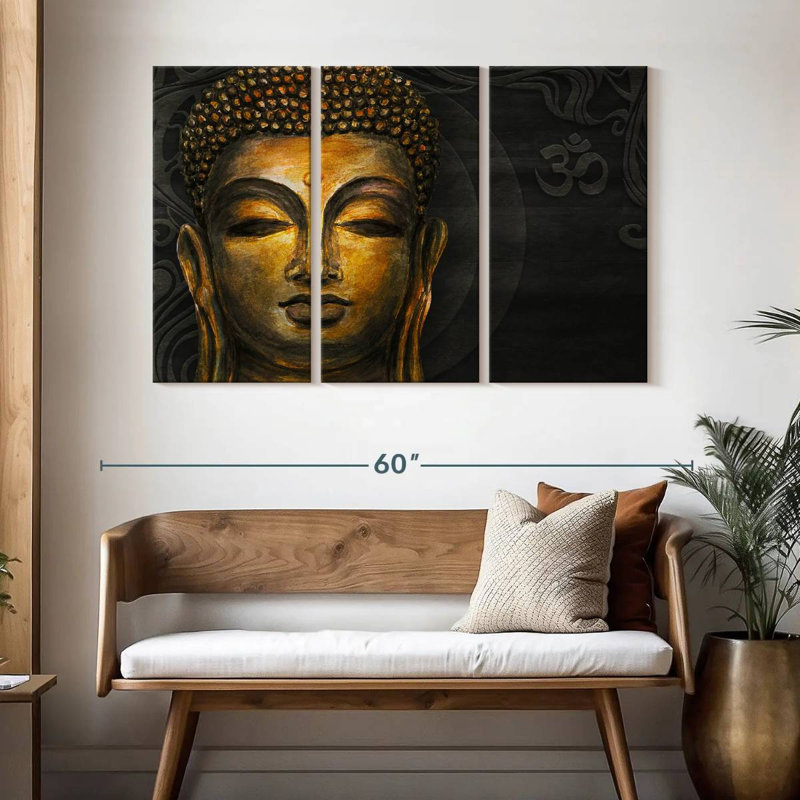Ensemble de 3 pièces d'art sur toile, "Gautama Buddha Om", H 50 po x l 32 po x P 1,25 po