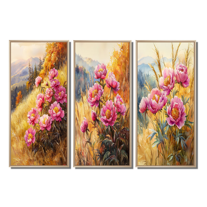 Pivoines à l'automne, coteau I - Collection d'art mural traditionnel, H 28 po x l 36 po, Impression encadrée flottante