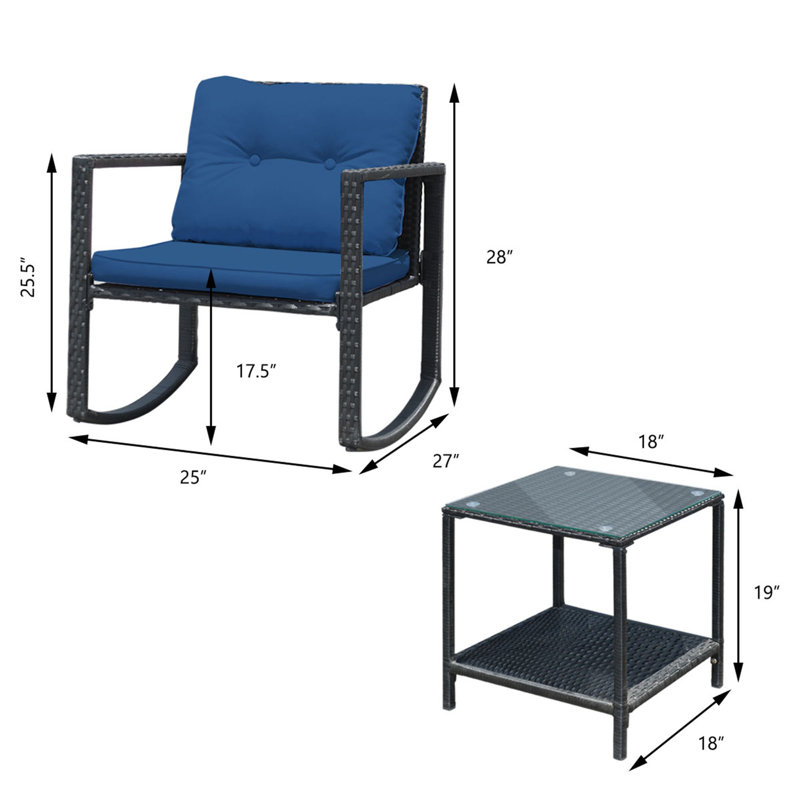 Ensemble de conversation en rotin 3 pièces avec coussins Ehrenberg, Bleu marine