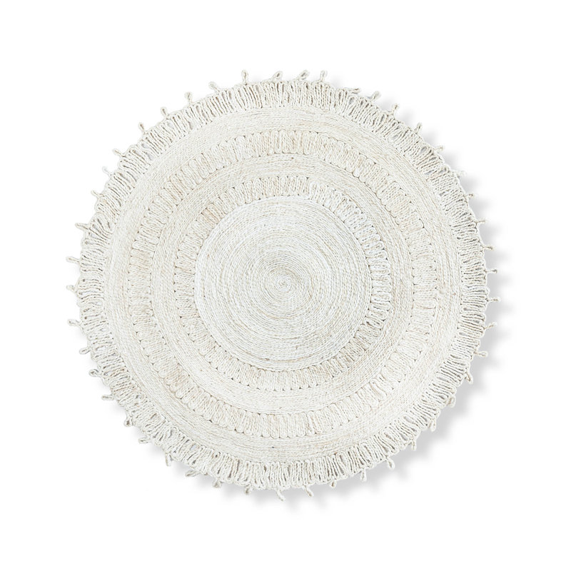 Tapis rond en jute blanc tissé à la main Medallion, Rond 6 pi