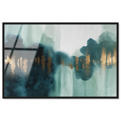 "Teal Fog I", art mural en verre acrylique encadré vert par Art Remedy, cadre noir, 45 x 30