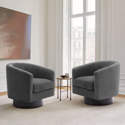 Applewold Upholstered Gray Corduroy Swivel Barrel Chair with Solid Wood Base