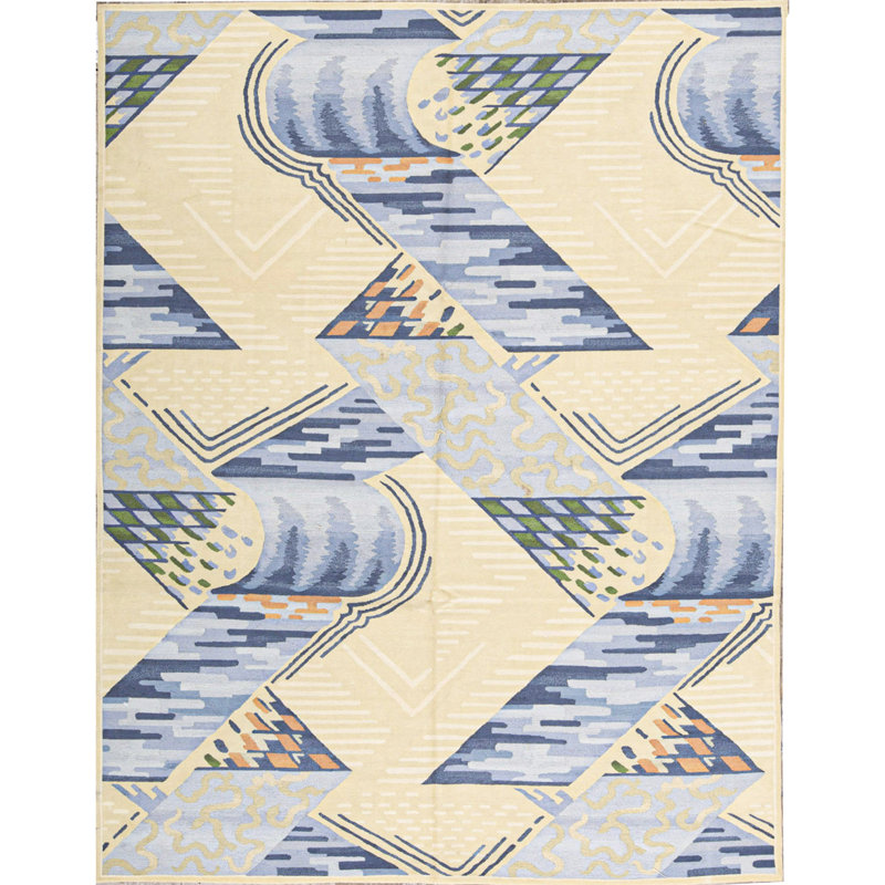 Tapis doré et bleu noué à la main de haute qualité