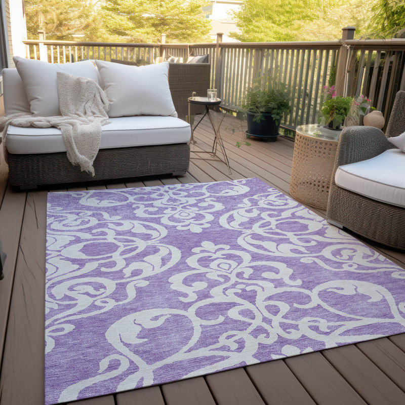Purple and White Synthetic Flat Woven Rectangular Rug